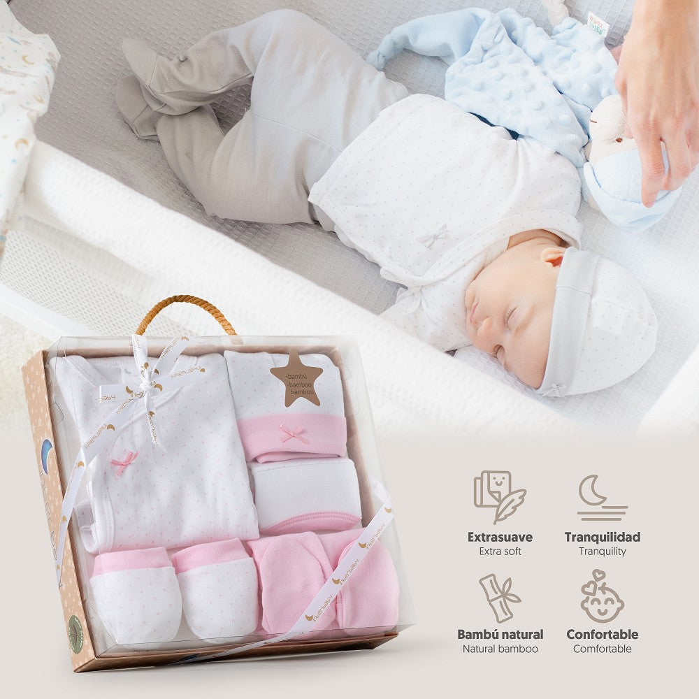 SET REGALO 5 PCS 100% ALG. T 0-6M TOPOS BAMBOO ROSA
