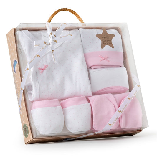 SET REGALO 5 PCS 100% ALG. T 0-6M TOPOS BAMBOO ROSA